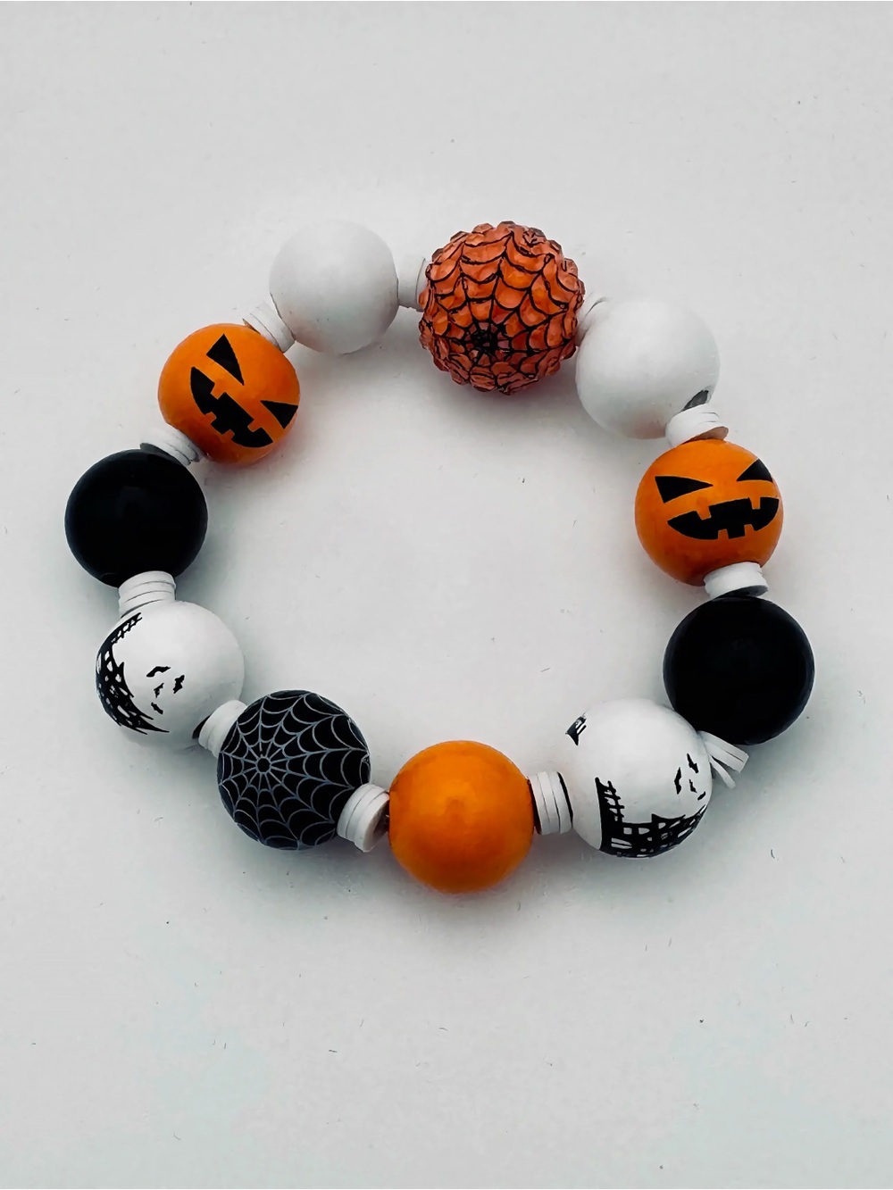 Handcrafted Halloween Beaded Stretch Bracelet - Orange Black White